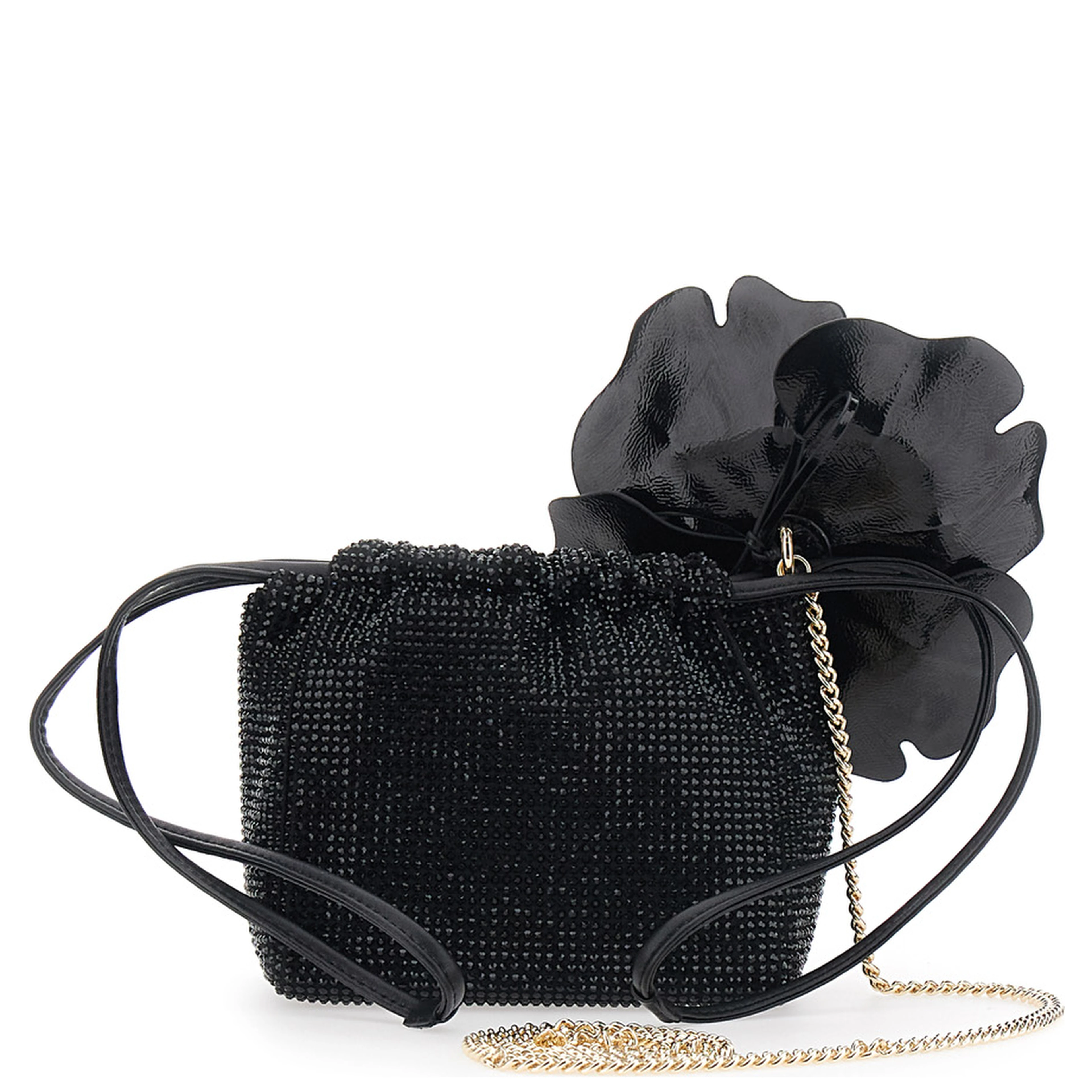 Crossbody bag with Rhinestones and Black Leather Flower for Women