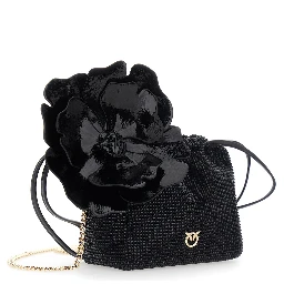 Crossbody bag with Rhinestones and Black Leather Flower for Women
