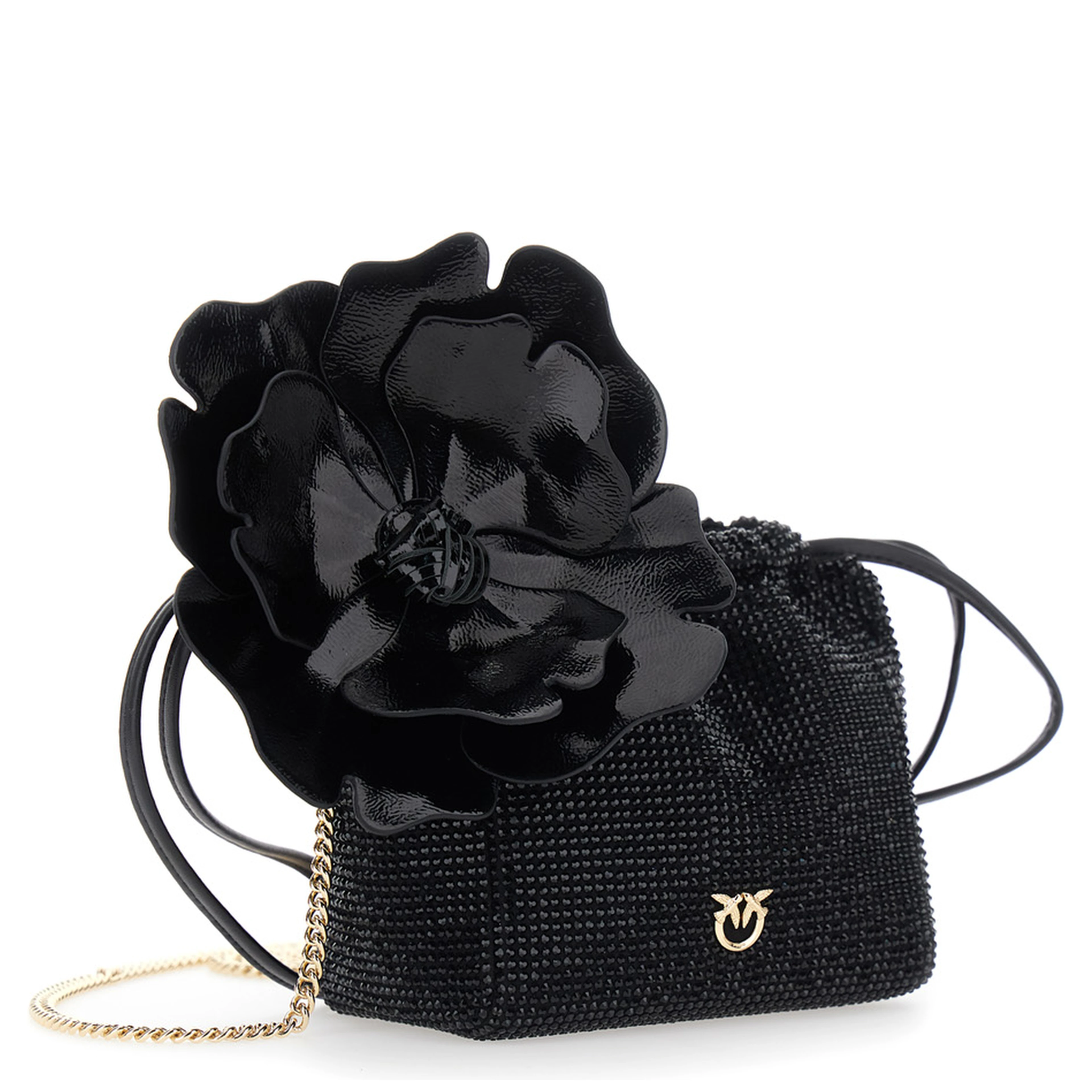 Crossbody bag with Rhinestones and Black Leather Flower for Women