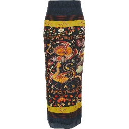 Long midi skirt with multicolored dragon and phoenix print for women
