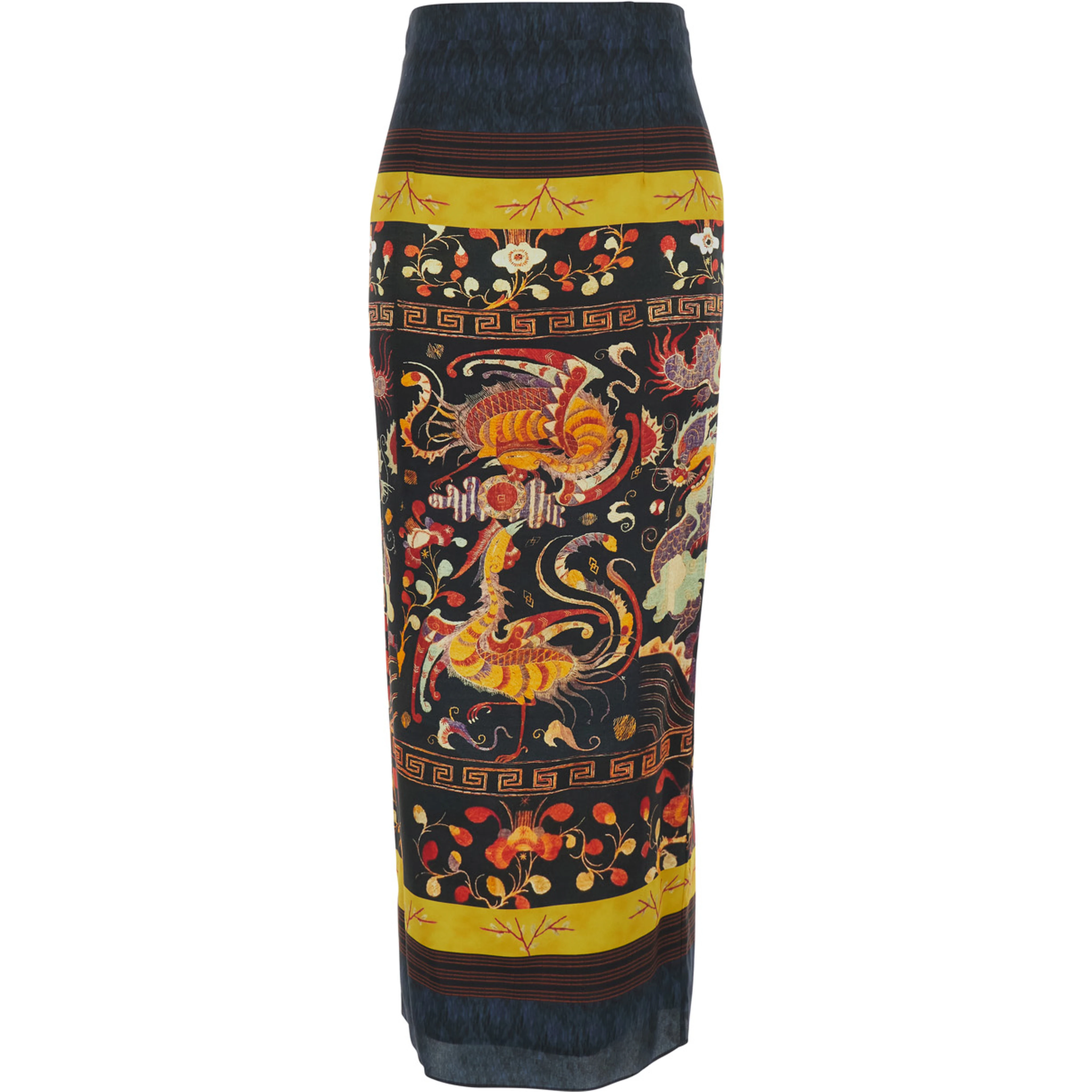 Long midi skirt with multicolored dragon and phoenix print for women