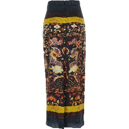 Long midi skirt with multicolored dragon and phoenix print for women