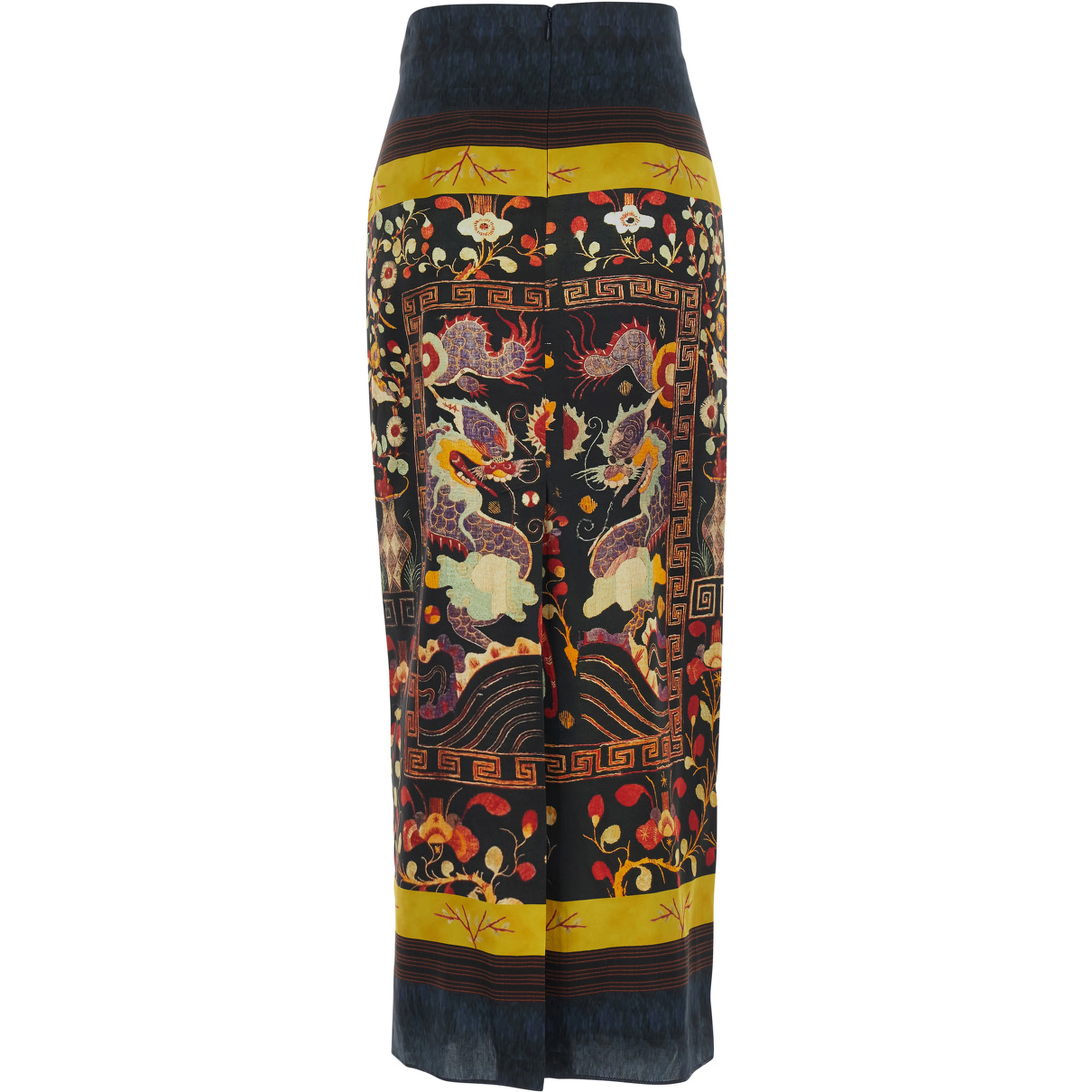 Long midi skirt with multicolored dragon and phoenix print for women