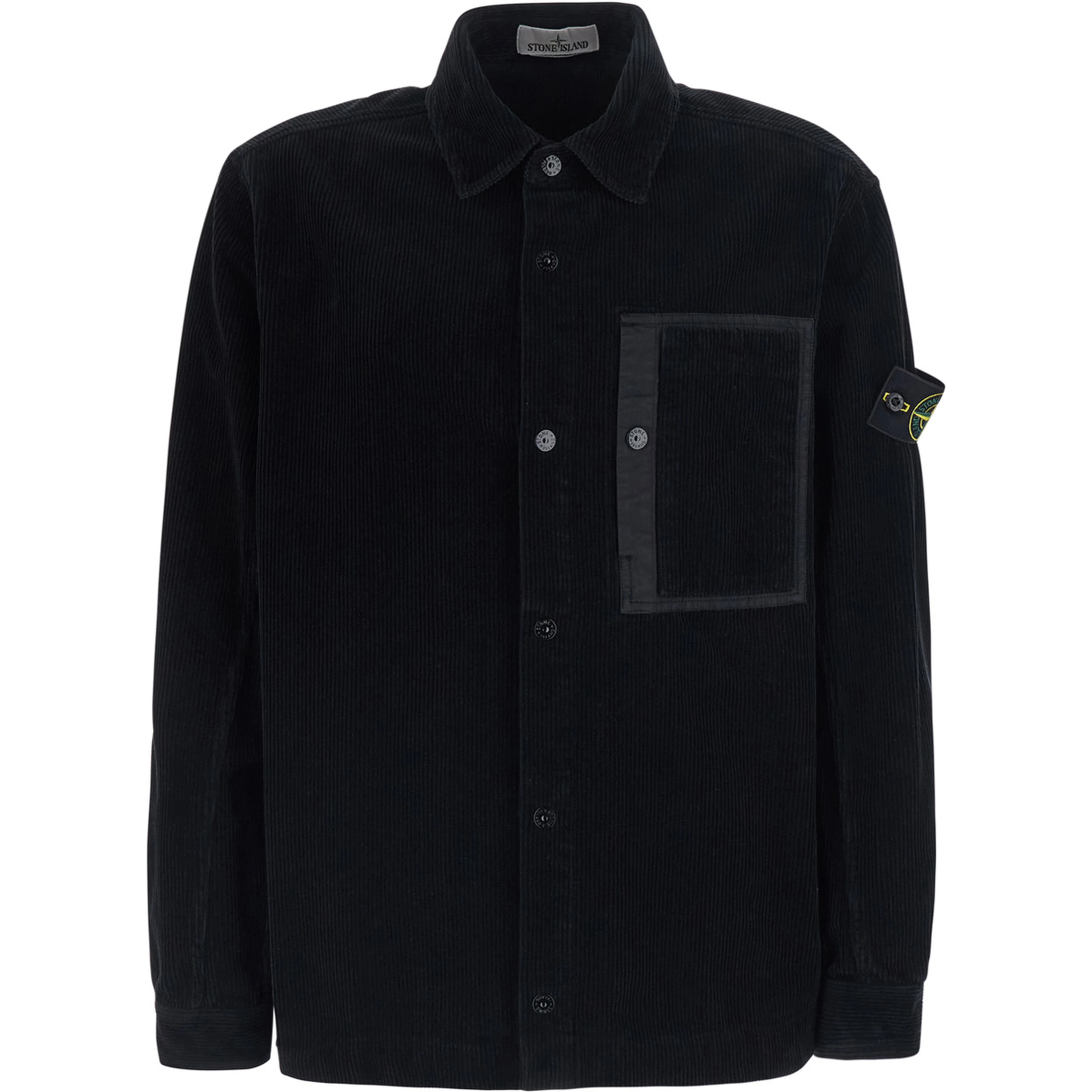 Black Jacket with patch pocket on the front and logo patch on the front in corduroy for men