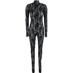 Black Catsuit with Long Sleeves in Stretch Lace and Power Mesh