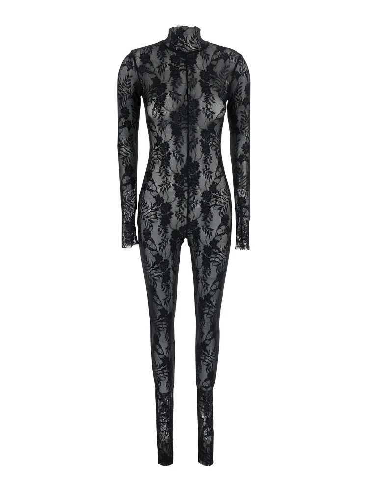 Black Catsuit with Long Sleeves in Stretch Lace and Power Mesh