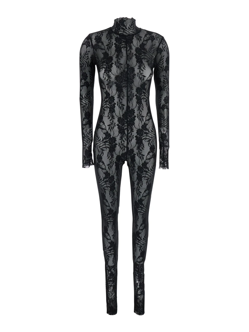 Black Catsuit with Long Sleeves in Stretch Lace and Power Mesh