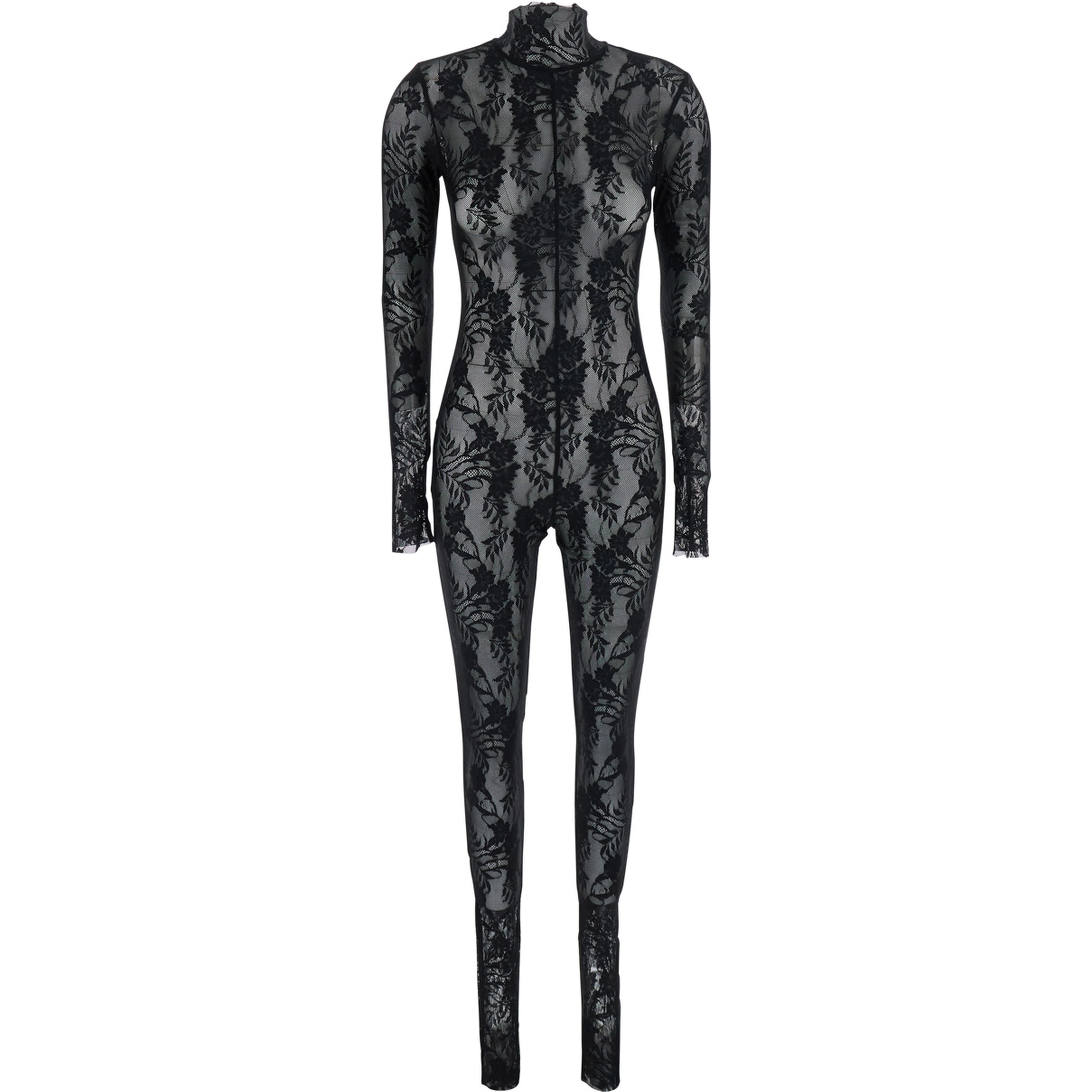 Black Catsuit with Long Sleeves in Stretch Lace and Power Mesh