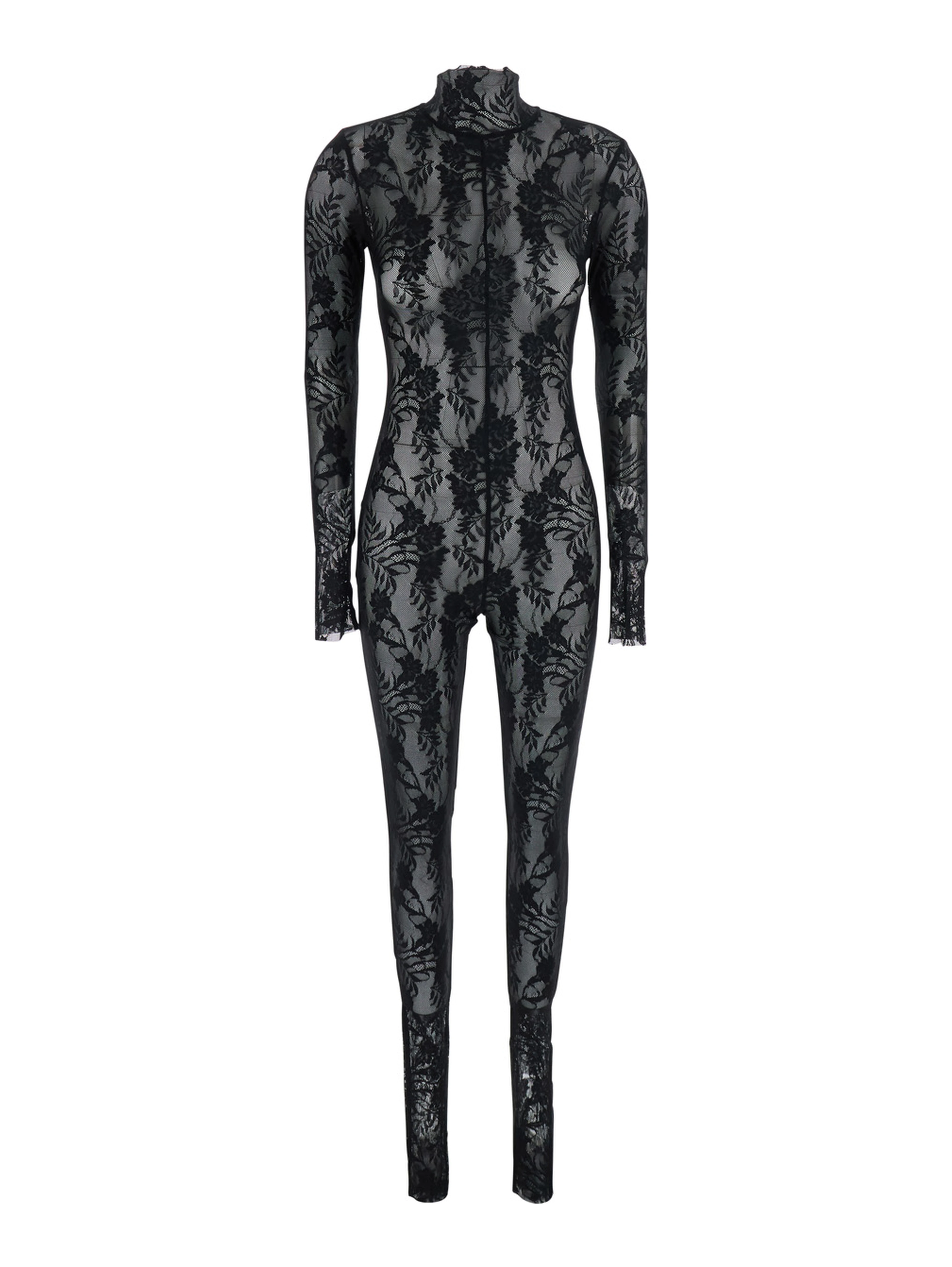 Black Catsuit with Long Sleeves in Stretch Lace and Power Mesh
