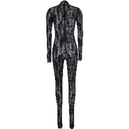 Black Catsuit with Long Sleeves in Stretch Lace and Power Mesh