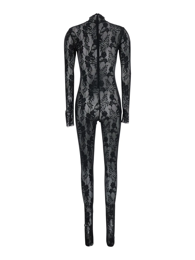 Black Catsuit with Long Sleeves in Stretch Lace and Power Mesh