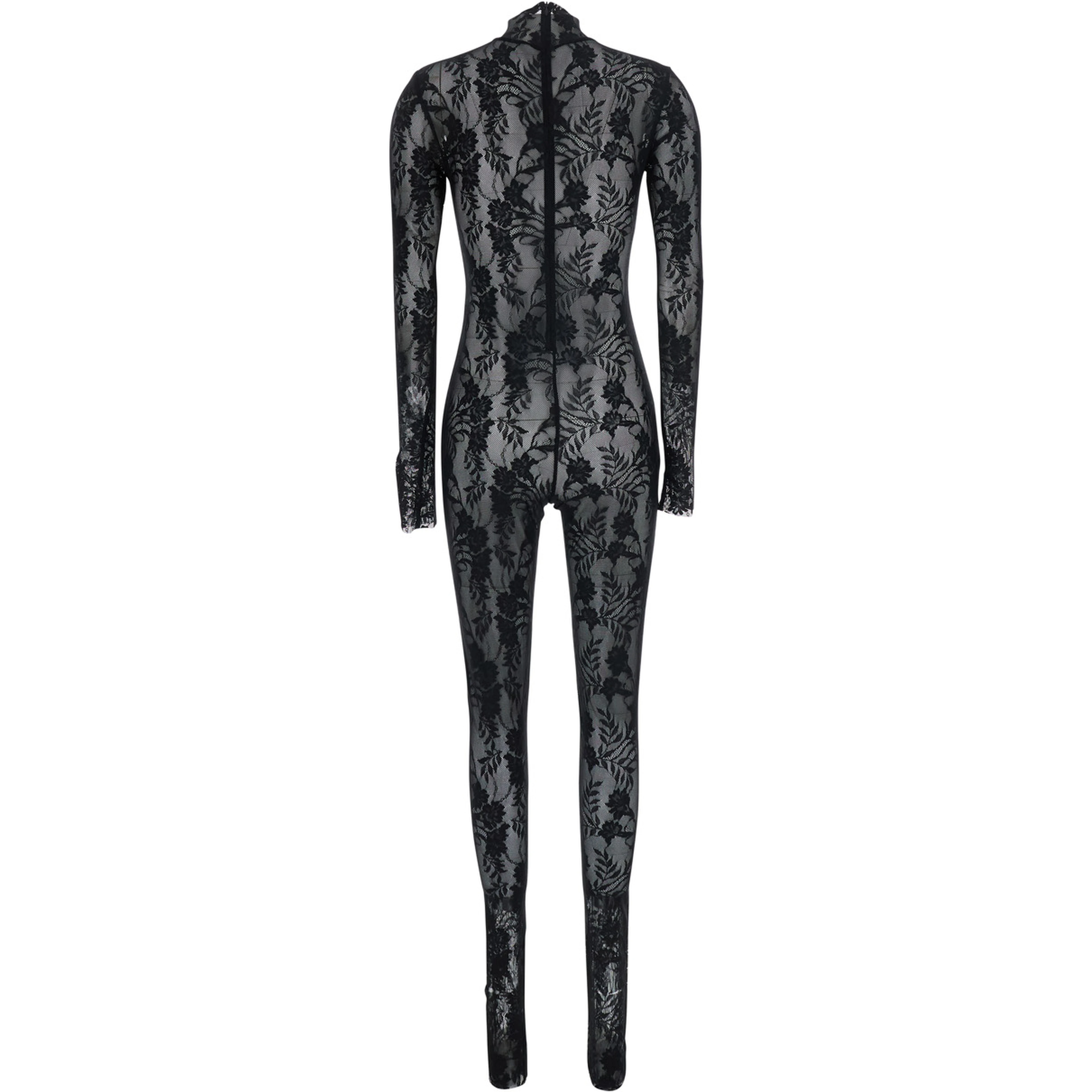 Black Catsuit with Long Sleeves in Stretch Lace and Power Mesh