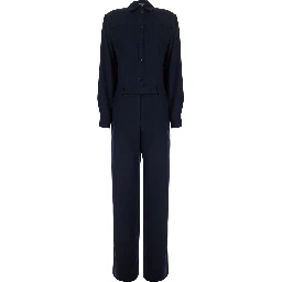 Blue Jumpsuit with Classic Collar and Button Closure in Fabric for Women