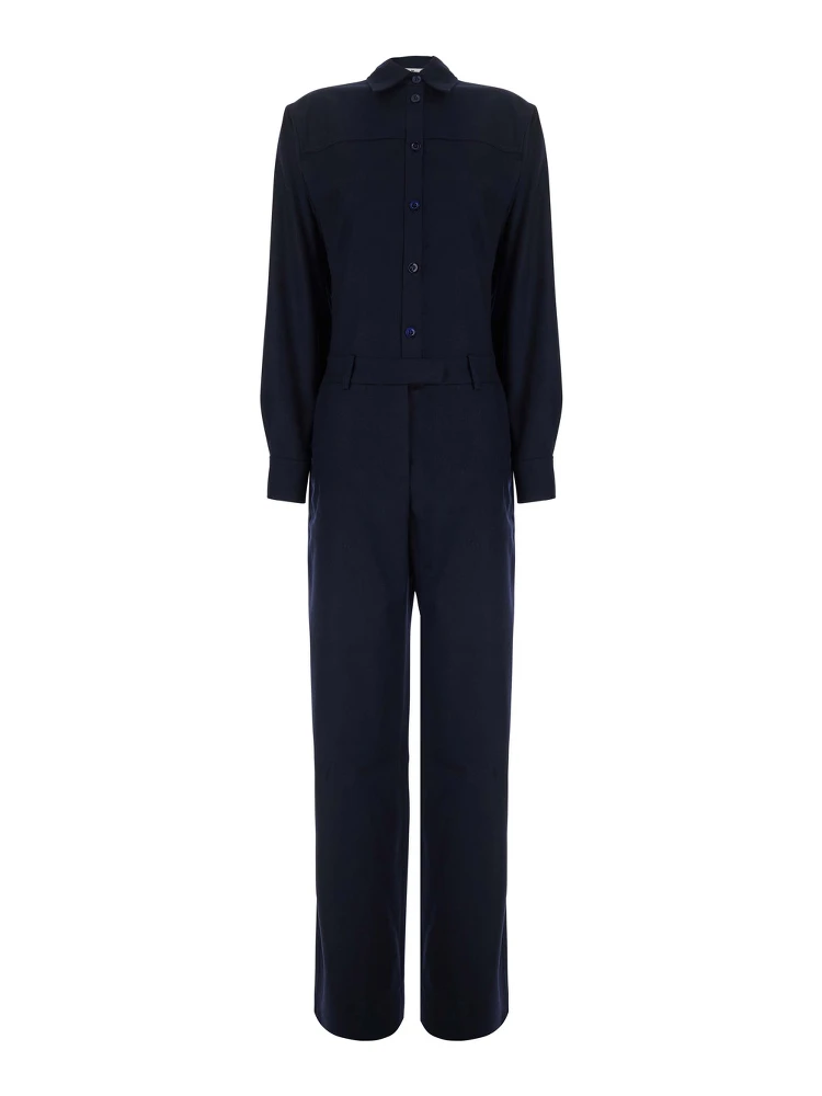 Blue Jumpsuit with Classic Collar and Button Closure in Fabric for Women