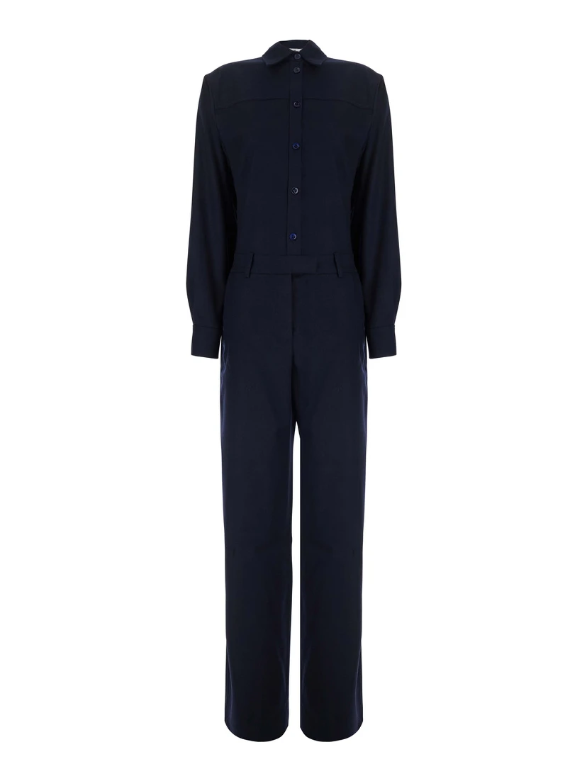 Blue Jumpsuit with Classic Collar and Button Closure in Fabric for Women