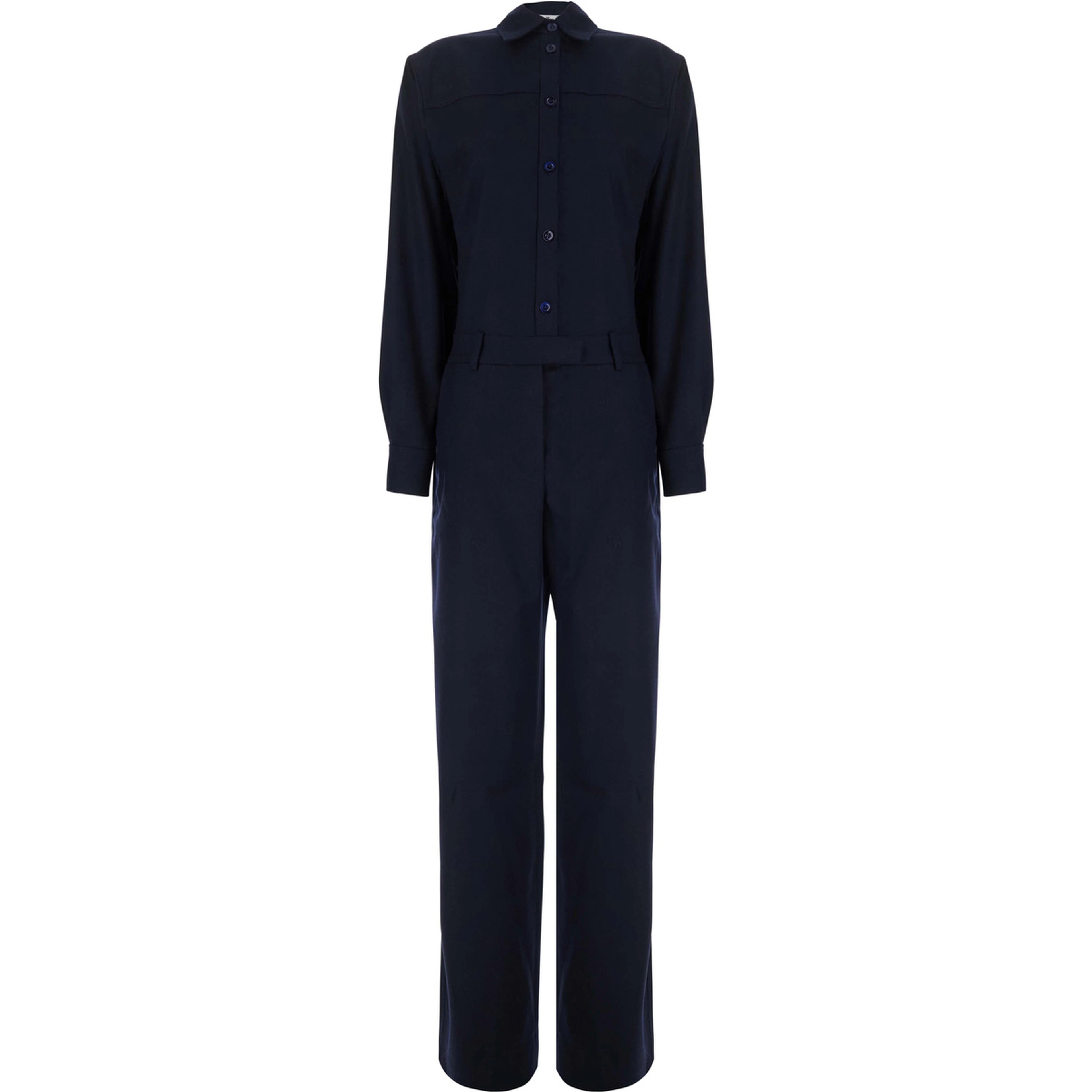 Blue Jumpsuit with Classic Collar and Button Closure in Fabric for Women