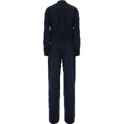 Blue Jumpsuit with Classic Collar and Button Closure in Fabric for Women