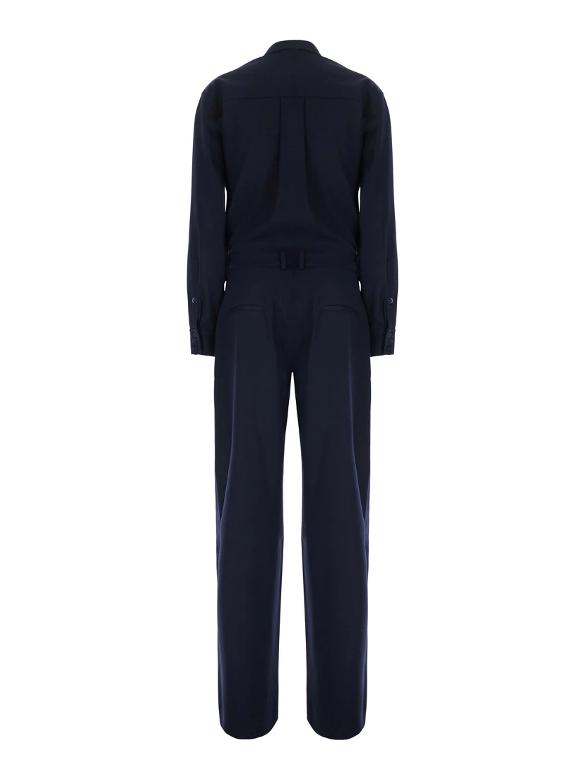 Blue Jumpsuit with Classic Collar and Button Closure in Fabric for Women