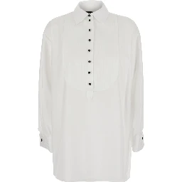 White Cotton Long Sleeve Collar Blouse for Women