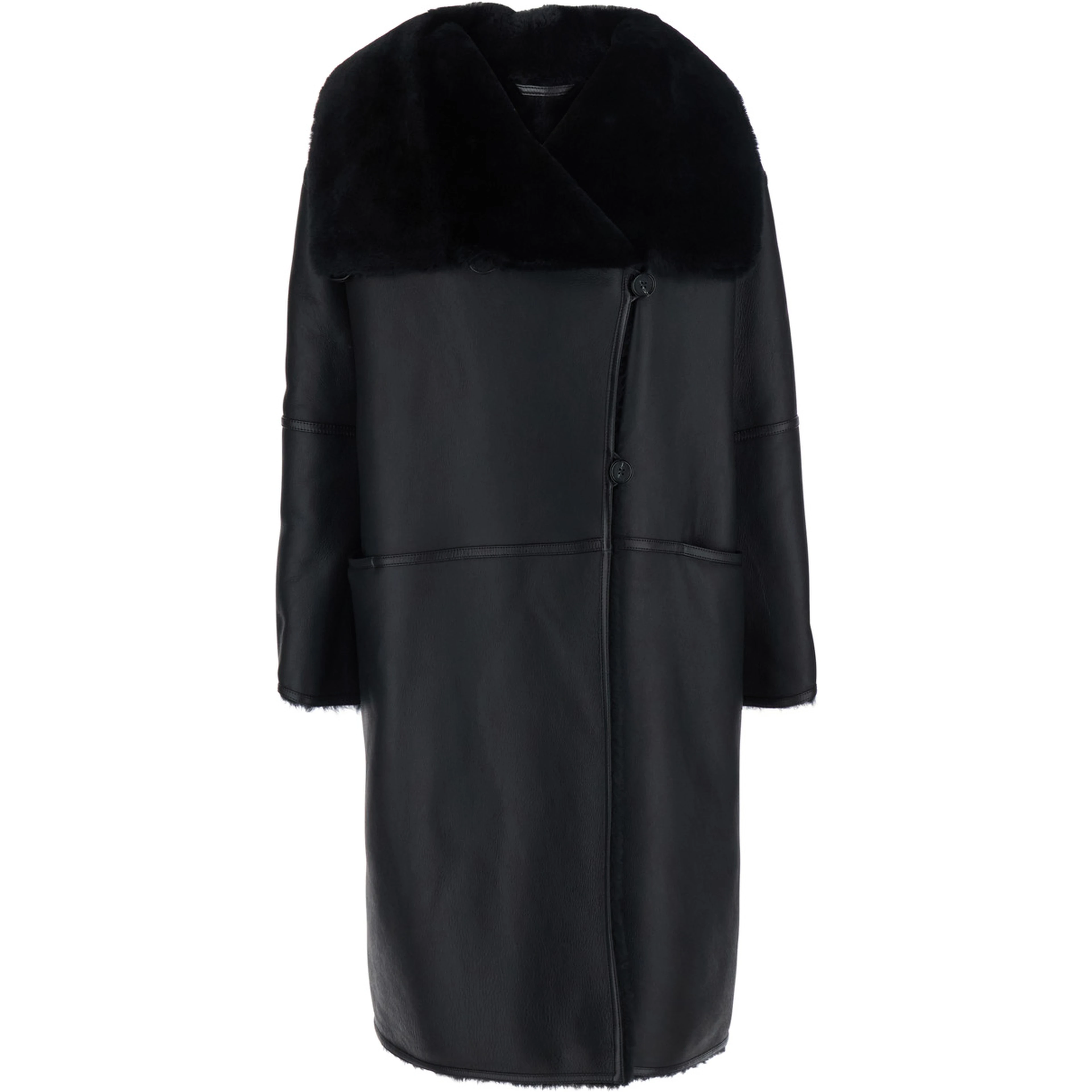 Black Coat with removable fur collar and button closure on the front in leather for women