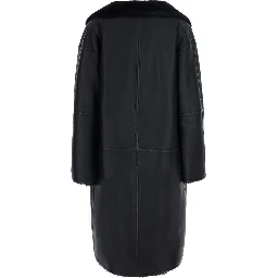 Black Coat with removable fur collar and button closure on the front in leather for women