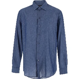 blue shirt with Pointed collar in cotton denim for men