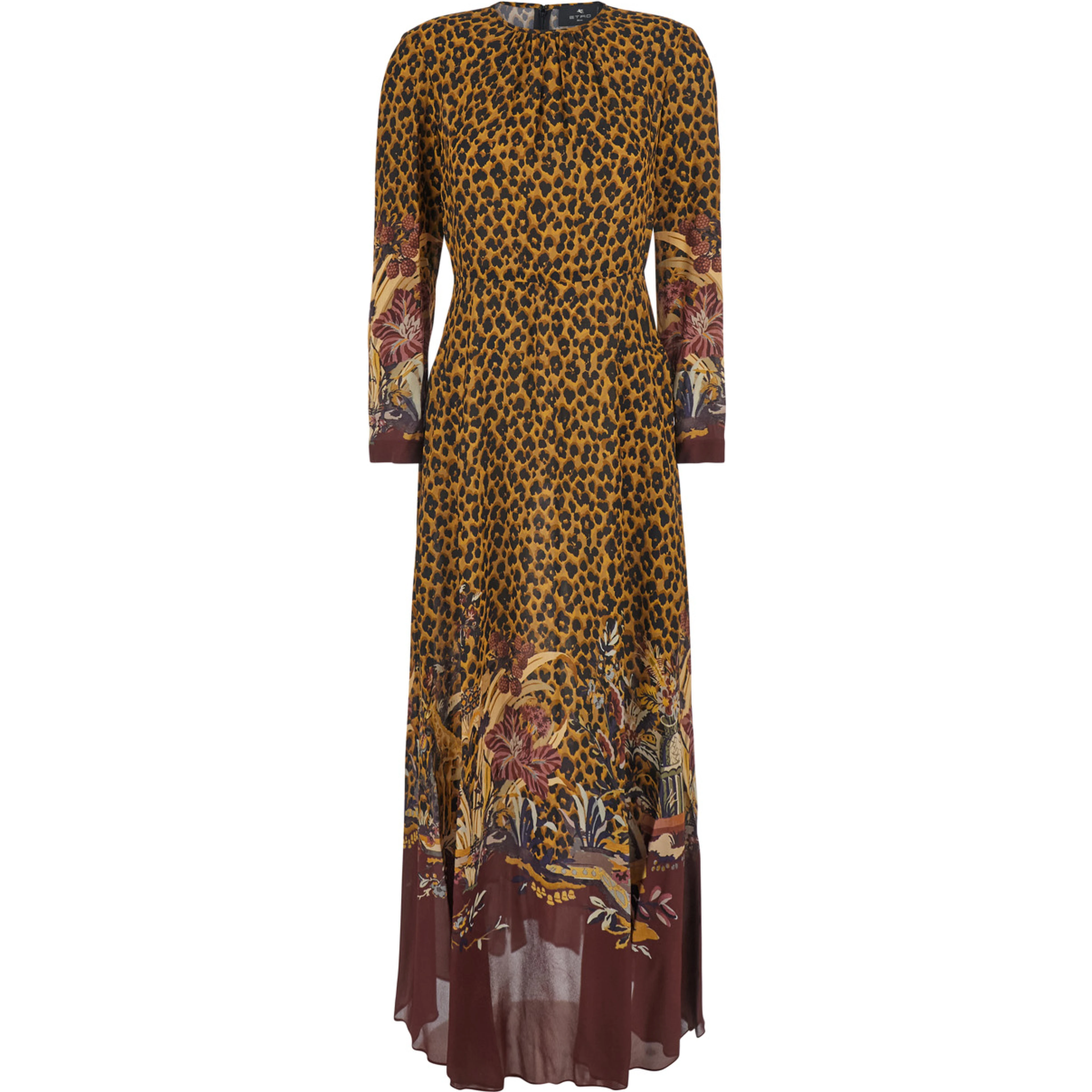 Brown Long dress with all-over animalier motif in Tech Fabric women