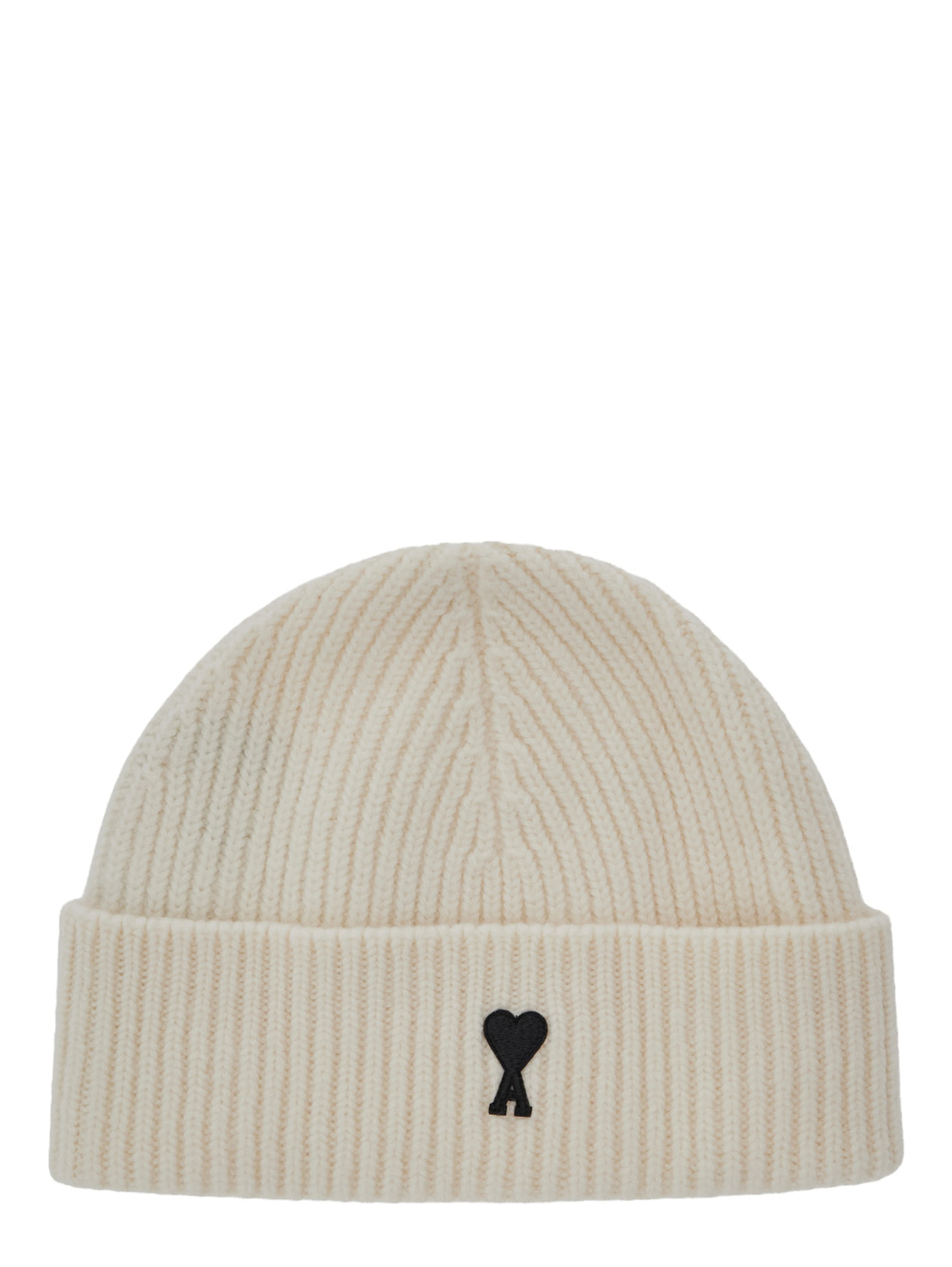 Beanie with contrast AMI de Coeur in white wool unisex