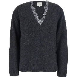 Leyla Grey Sweater with V-neck and lace details in cashmere for women