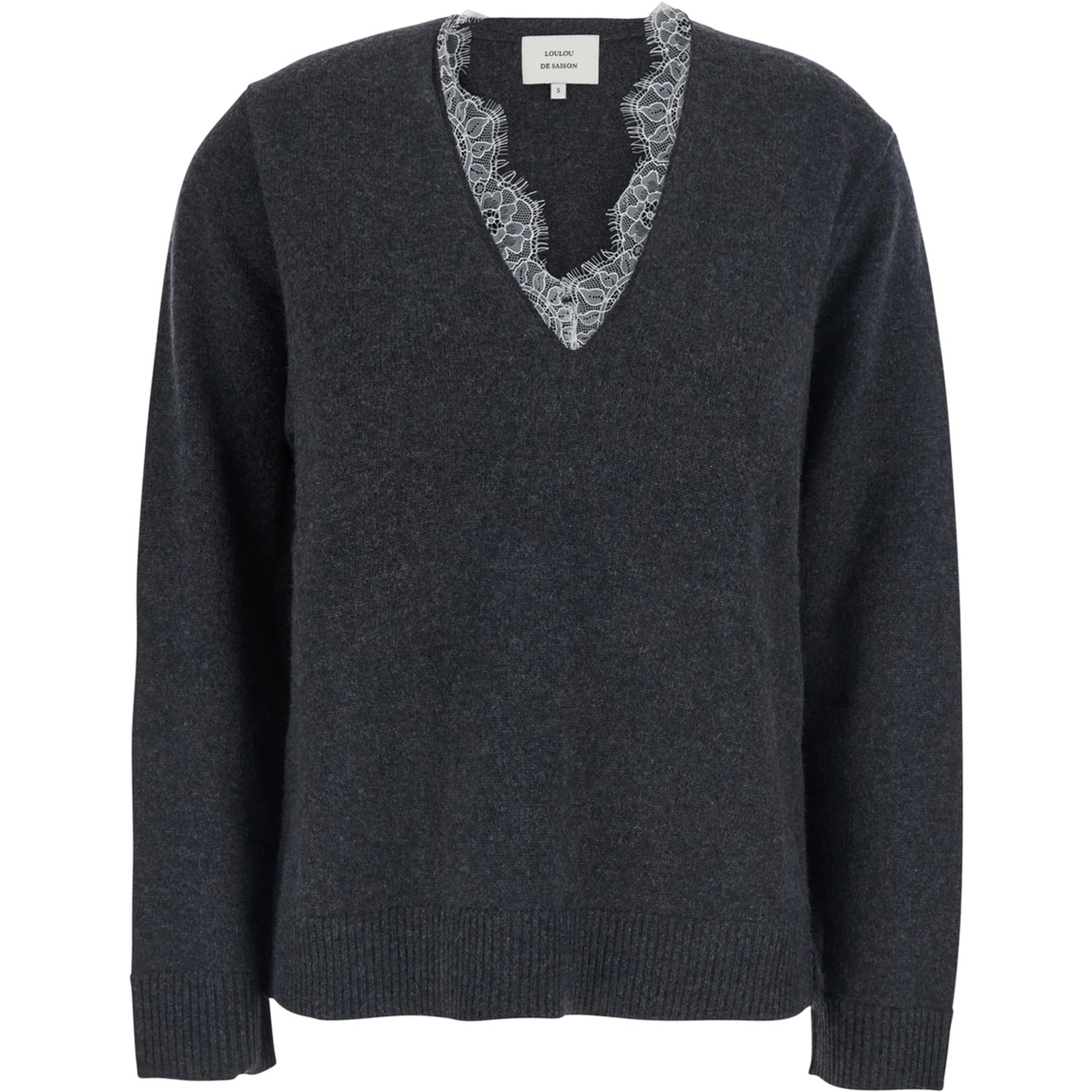 Leyla Grey Sweater with V-neck and lace details in cashmere for women