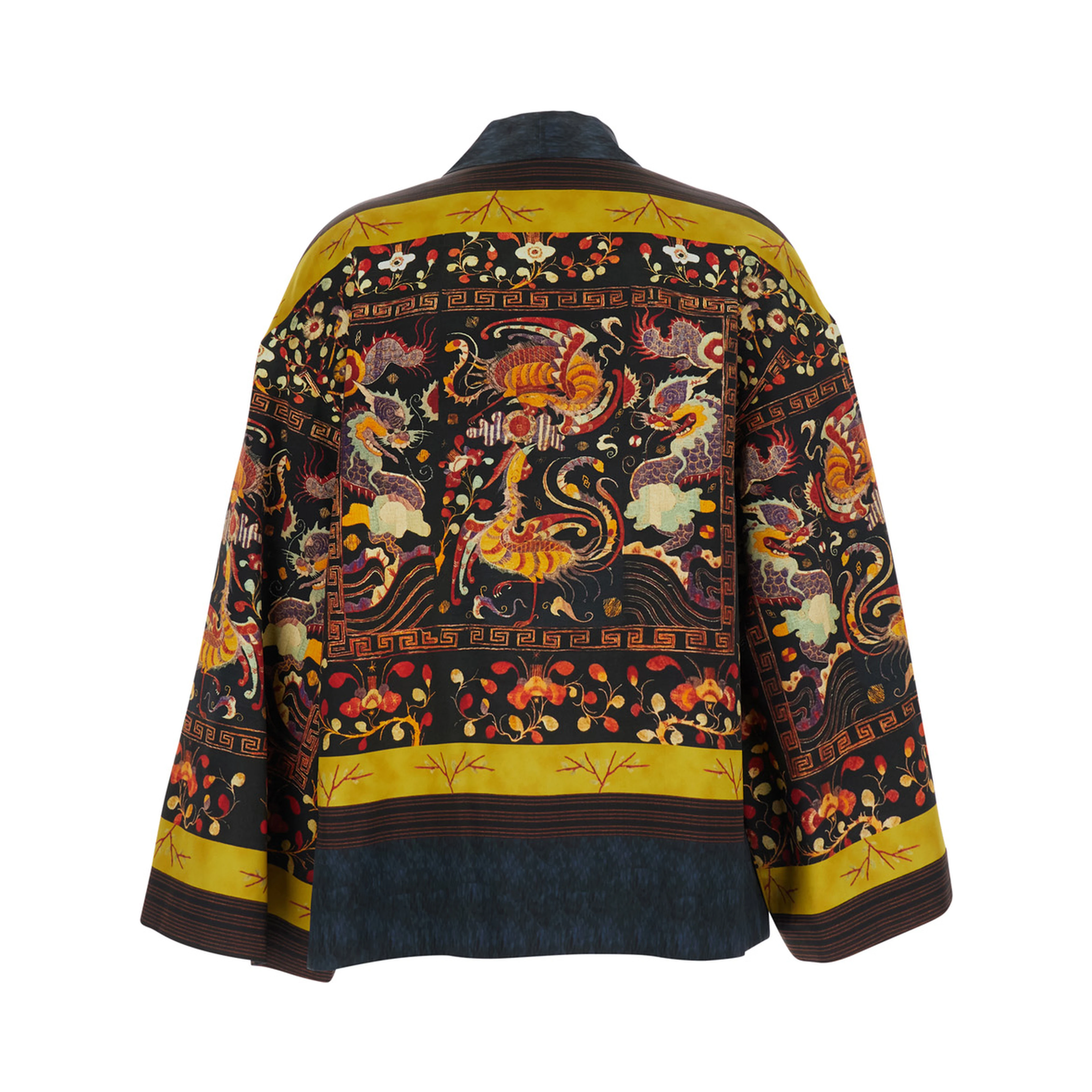 DAWN Robe with dragon and phoenix print in multicolored silk and spandex for women