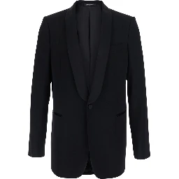 Blazer with lapel collar and long sleeves in black wool for men