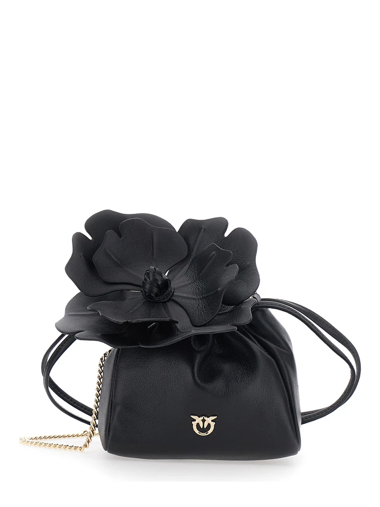 Pouch Bag Flower Sheep Nappa with Black Leather Floral Details for Women