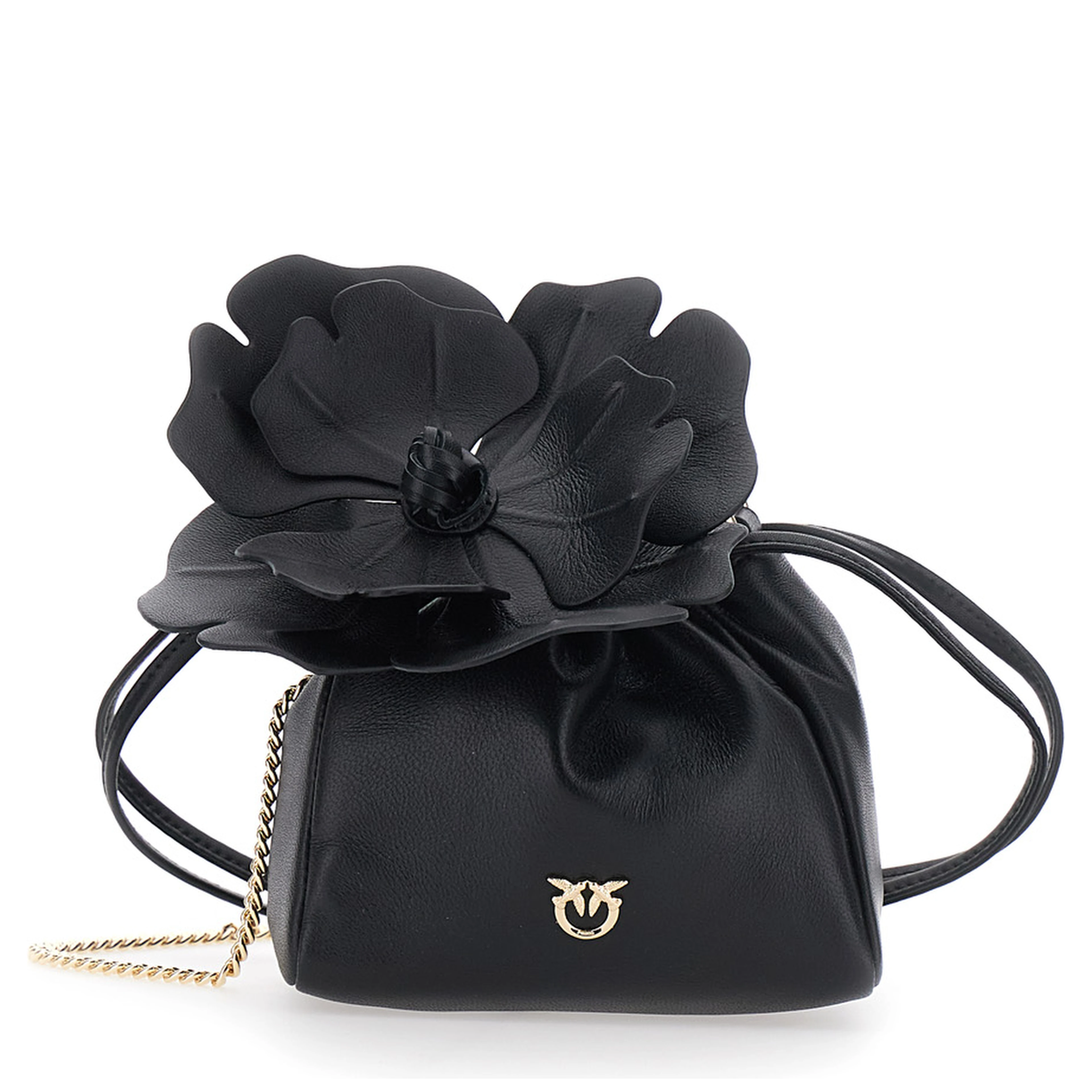 Pouch Bag Flower Sheep Nappa with Black Leather Floral Details for Women