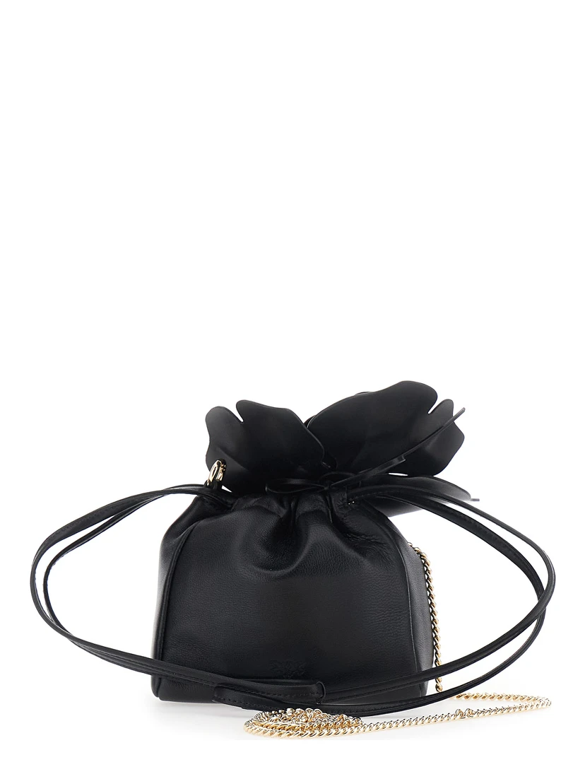 Pouch Bag Flower Sheep Nappa with Black Leather Floral Details for Women