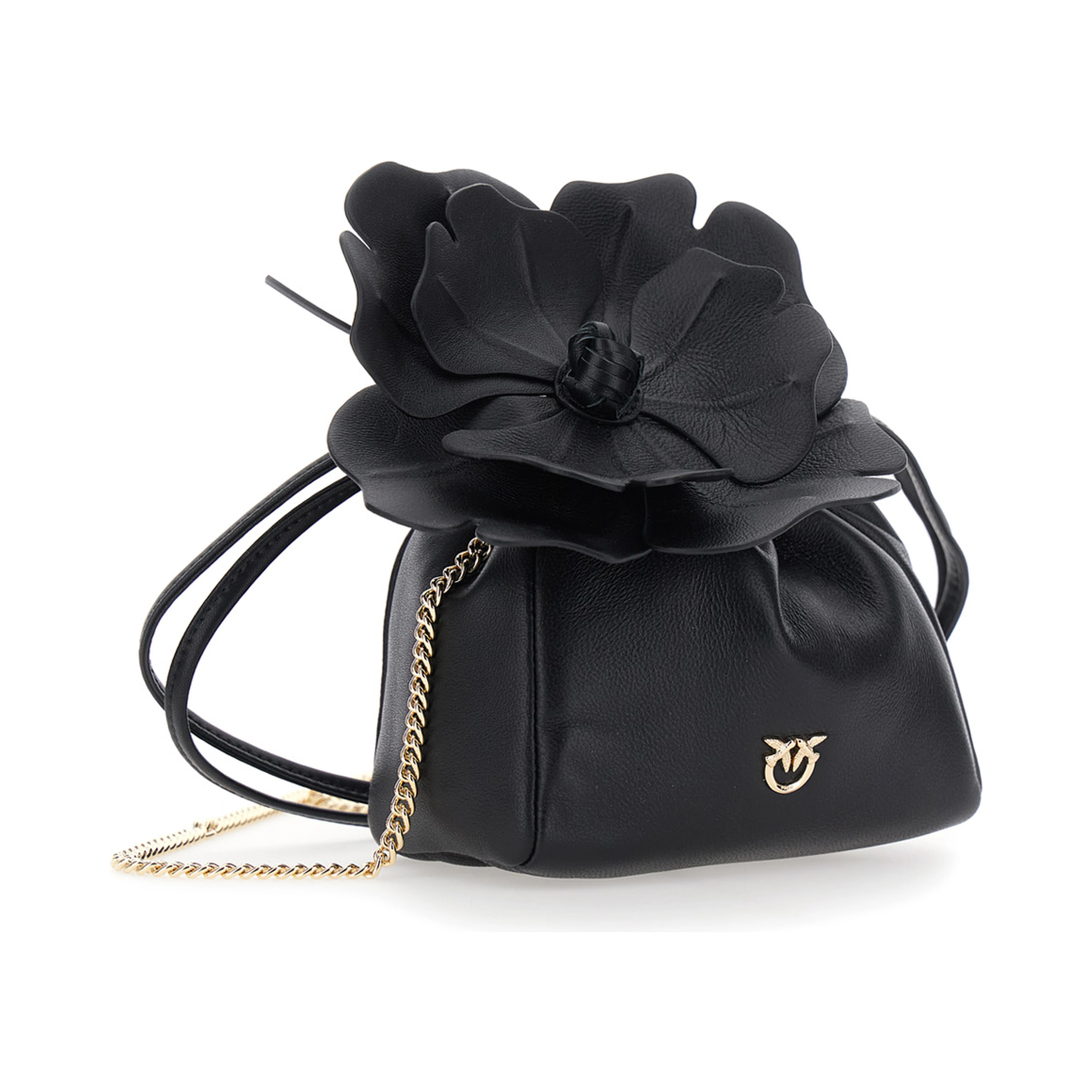 Pouch Bag Flower Sheep Nappa with Black Leather Floral Details for Women