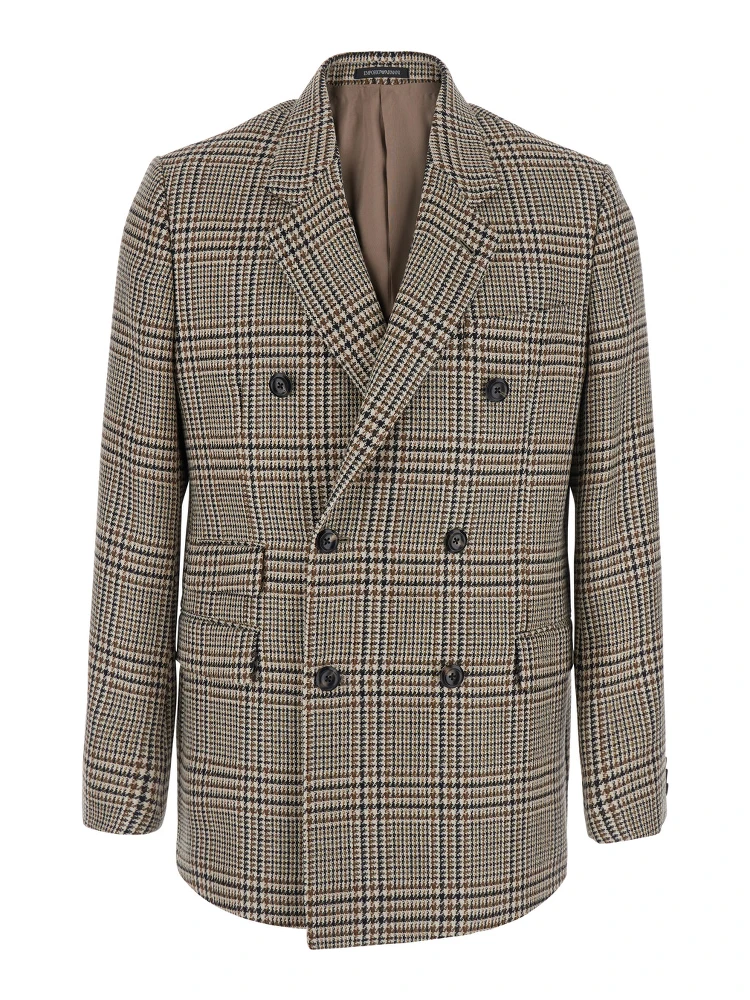 brown Double-breasted blazer with all-over Prince of Wales motif in wool blend for men
