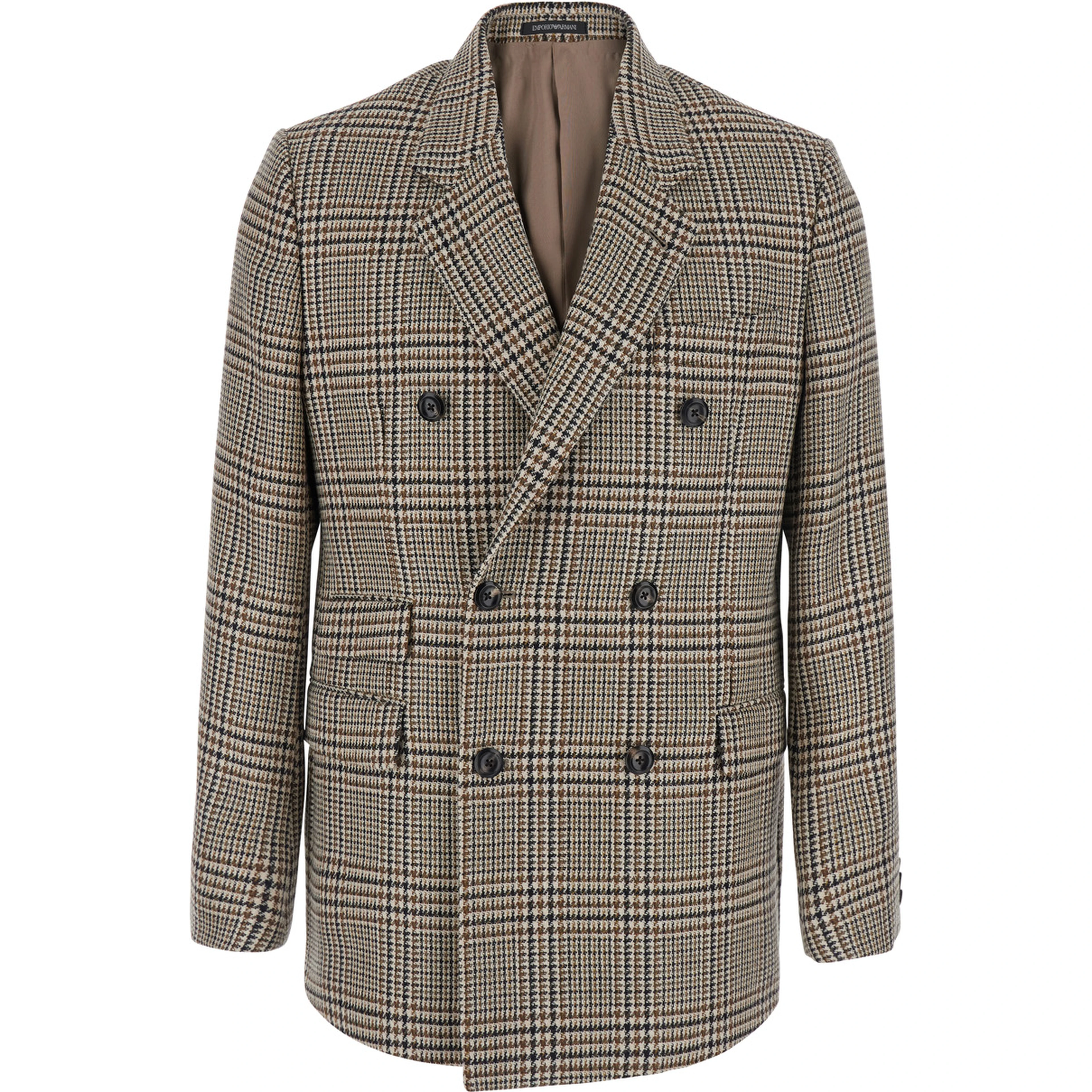 brown Double-breasted blazer with all-over Prince of Wales motif in wool blend for men