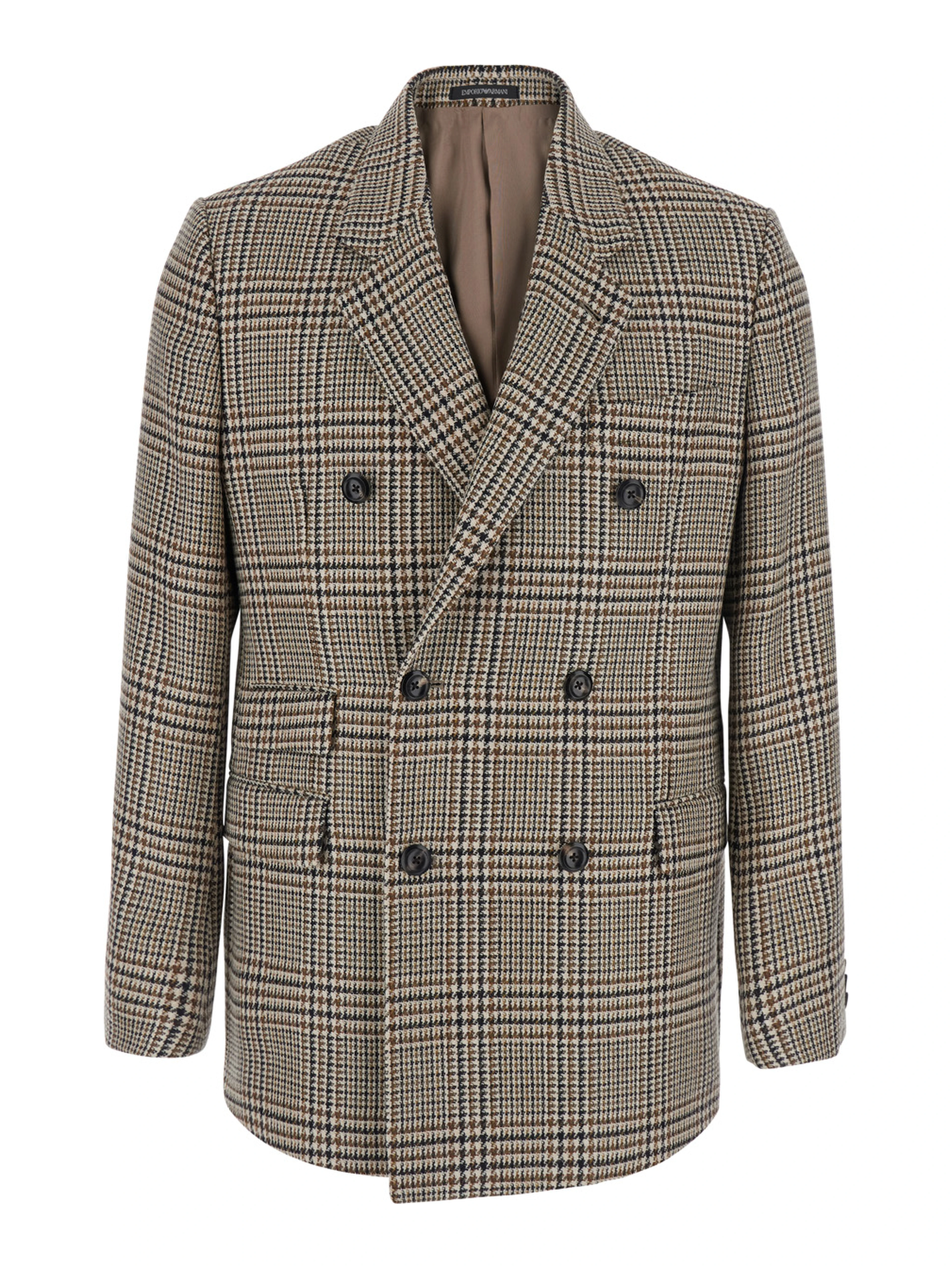 brown Double-breasted blazer with all-over Prince of Wales motif in wool blend for men