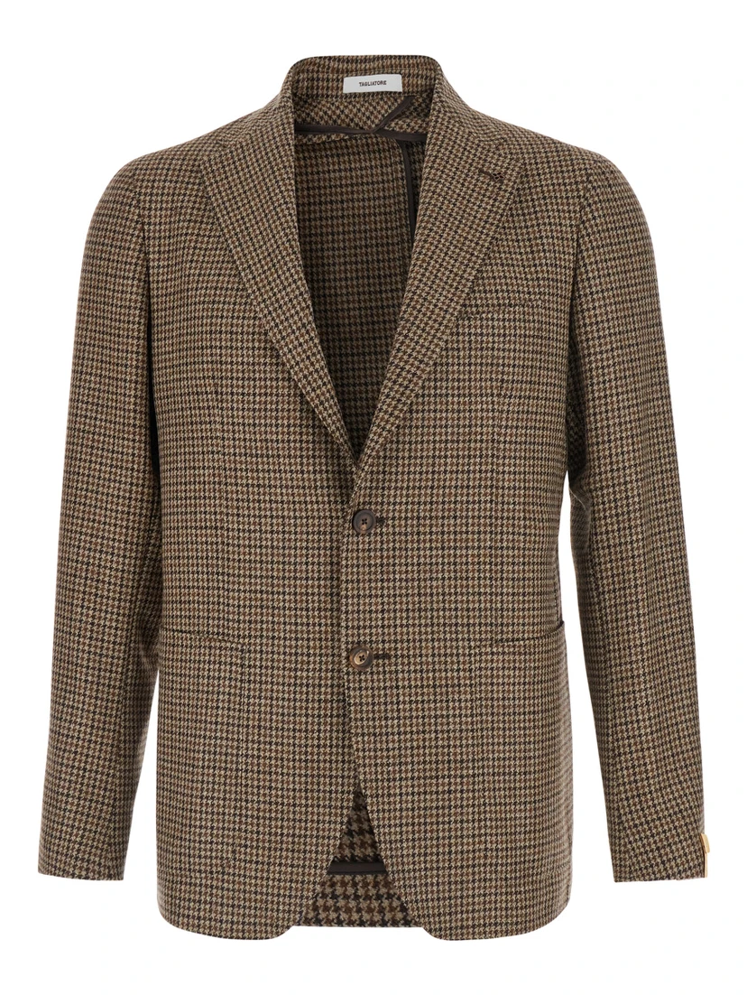 Montecarlo Brown Single-breasted Jacket with Notched Revers and Houndstooth Motif in Wool for Men