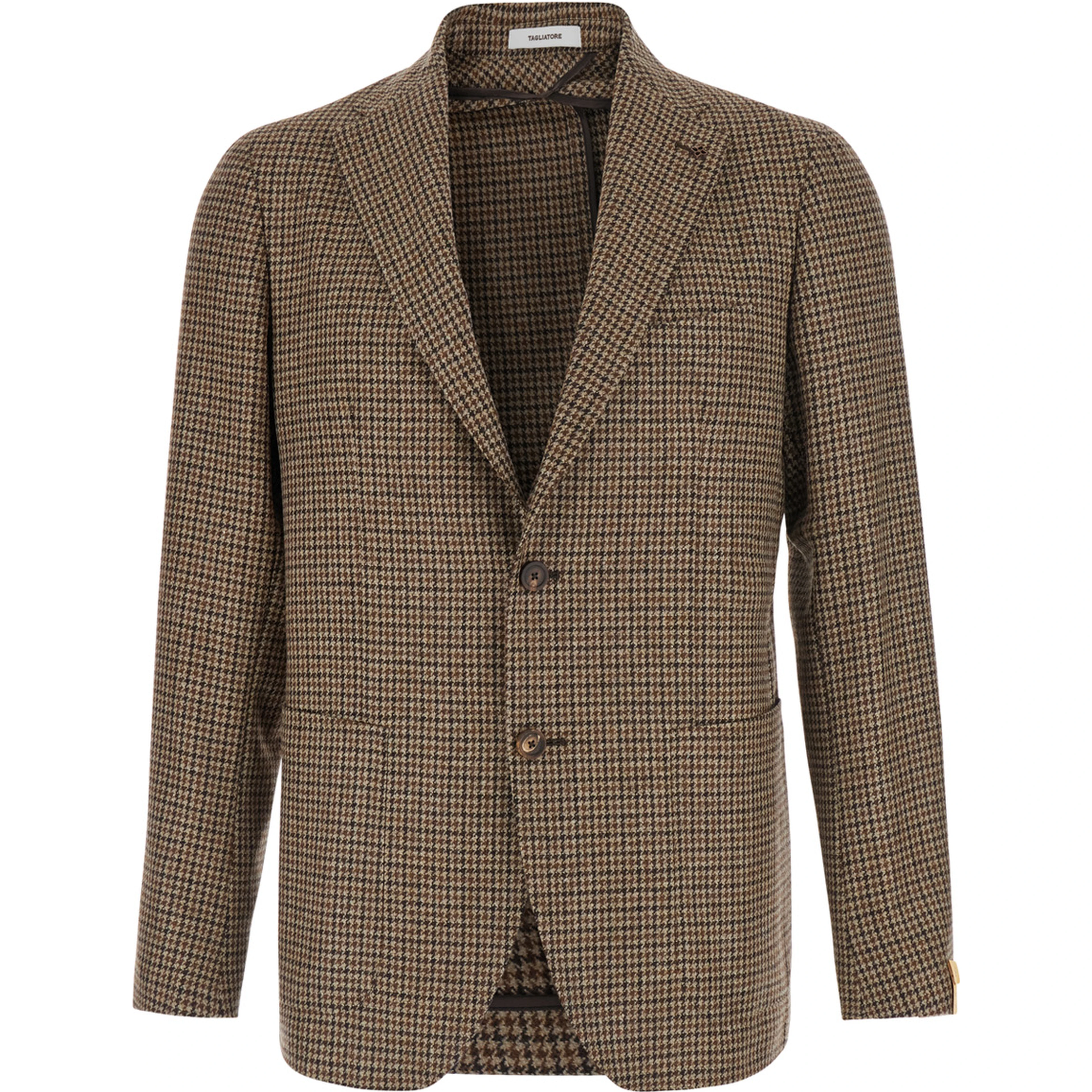 Montecarlo Brown Single-breasted Jacket with Notched Revers and Houndstooth Motif in Wool for Men