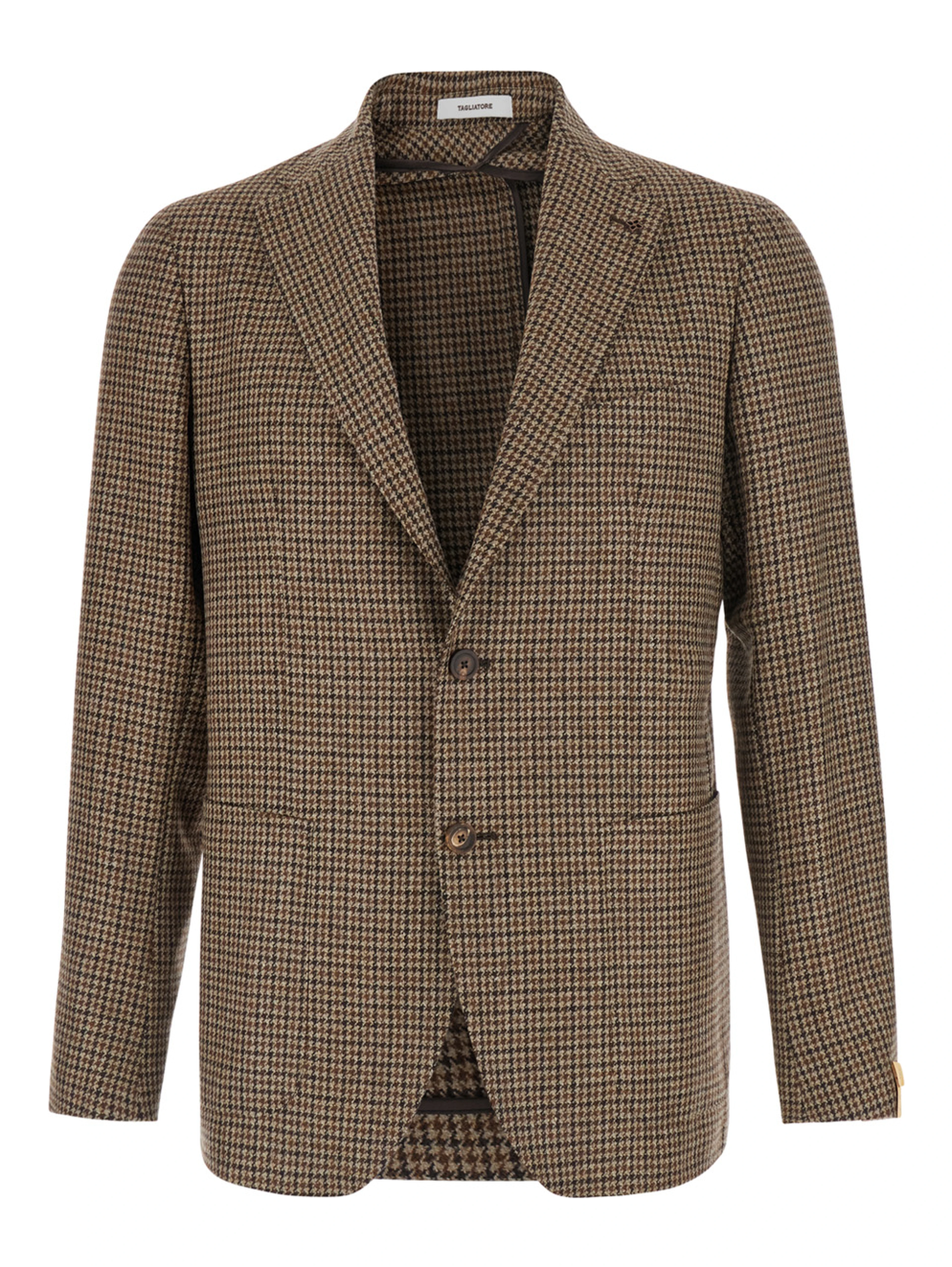 Montecarlo Brown Single-breasted Jacket with Notched Revers and Houndstooth Motif in Wool for Men