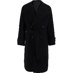 Black Double-Breasted Coat with Raised Collar with Buttons and Brooch on the Front in Wool for Men