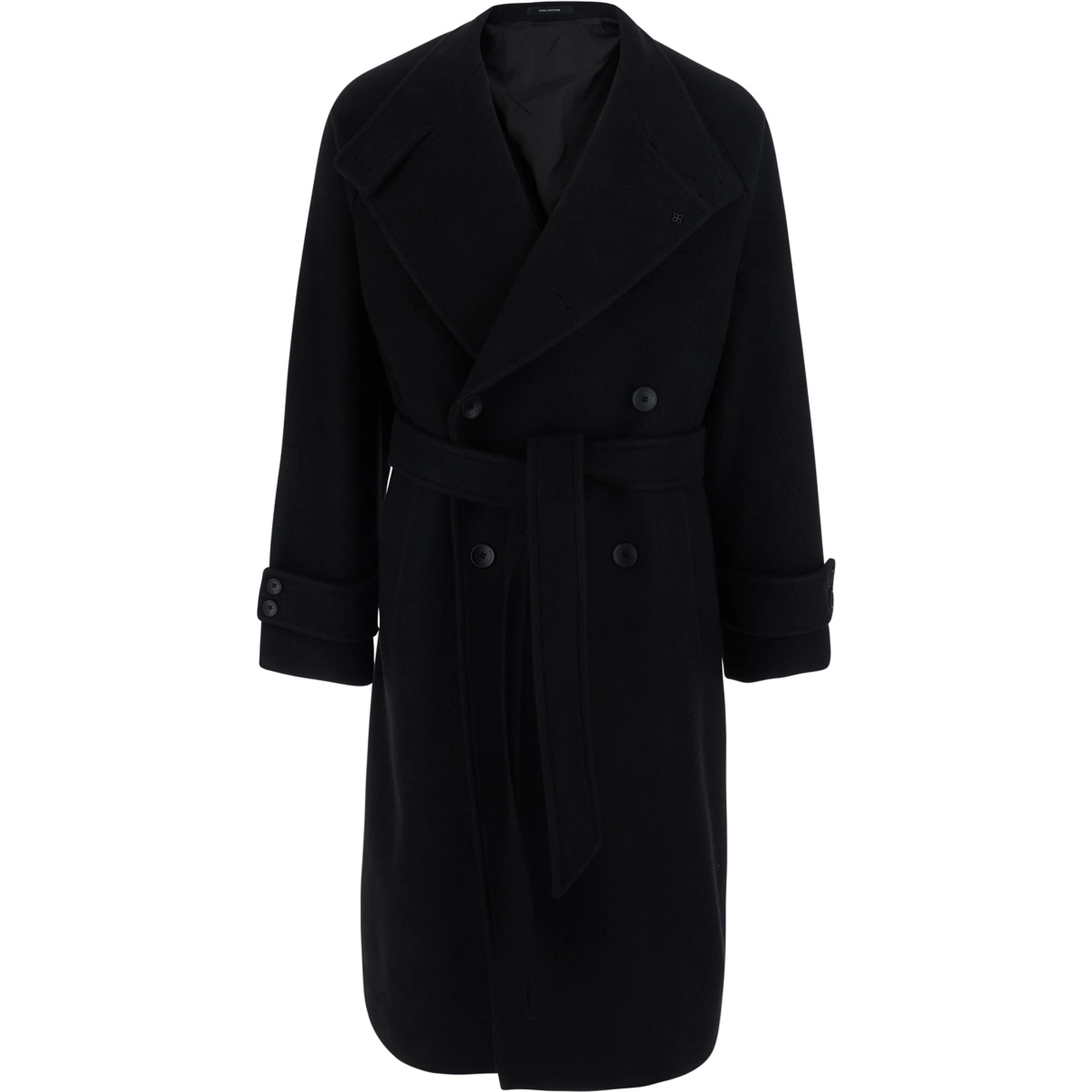Black Double-Breasted Coat with Raised Collar with Buttons and Brooch on the Front in Wool for Men