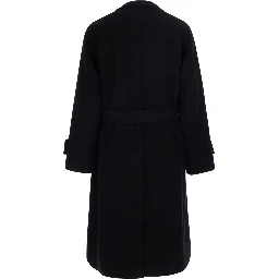 Black Double-Breasted Coat with Raised Collar with Buttons and Brooch on the Front in Wool for Men