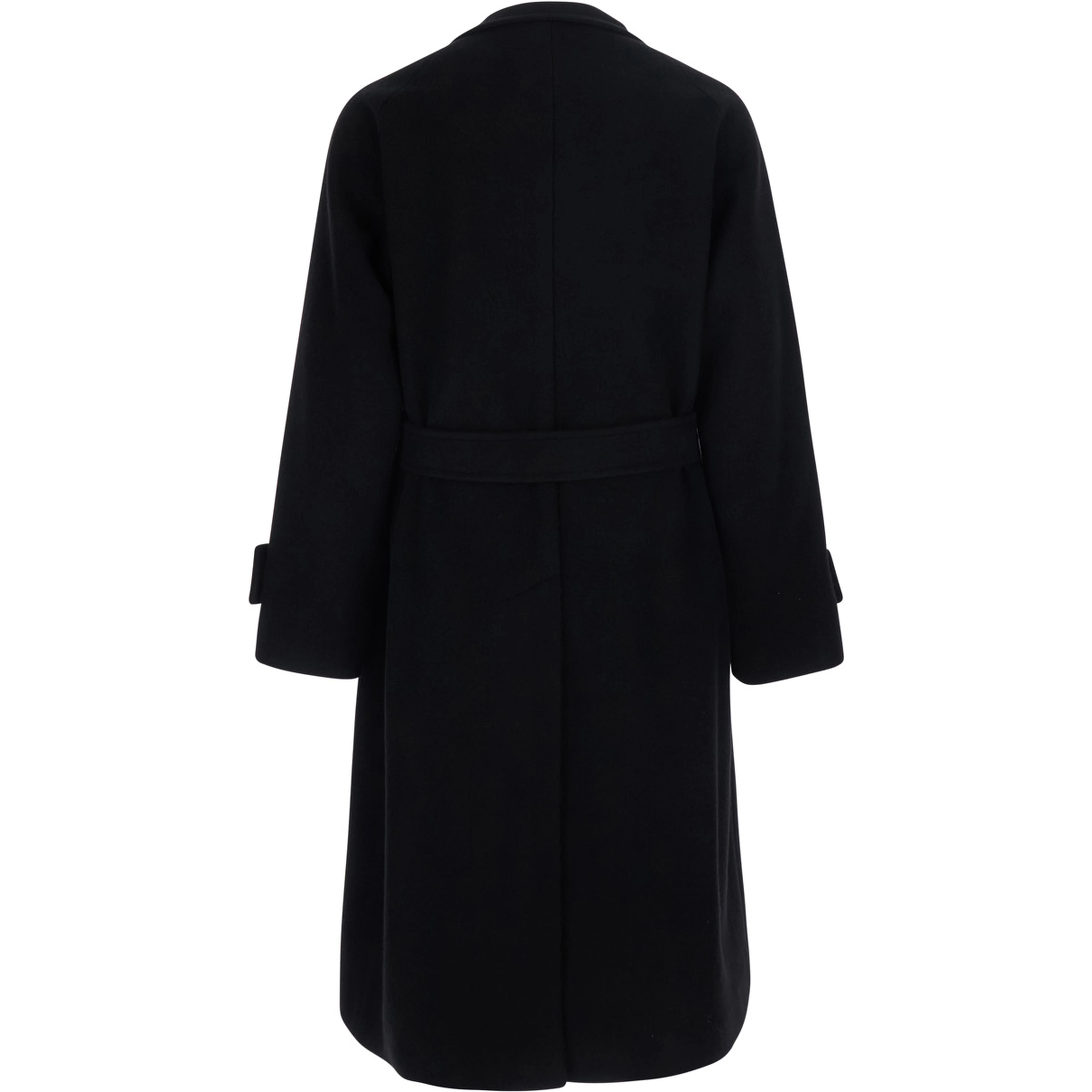 Black Double-Breasted Coat with Raised Collar with Buttons and Brooch on the Front in Wool for Men