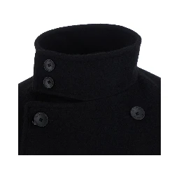 Black Double-Breasted Coat with Raised Collar with Buttons and Brooch on the Front in Wool for Men