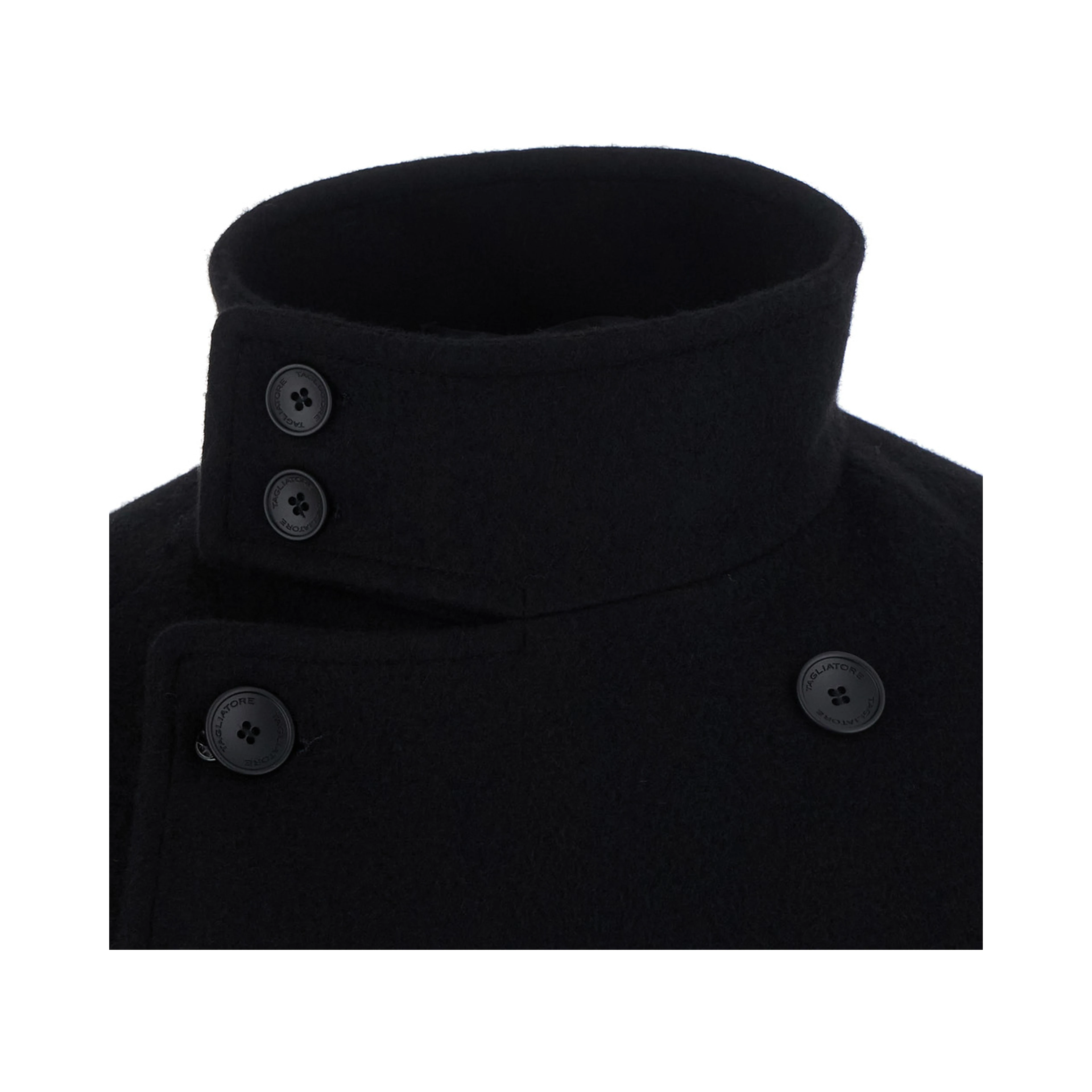 Black Double-Breasted Coat with Raised Collar with Buttons and Brooch on the Front in Wool for Men