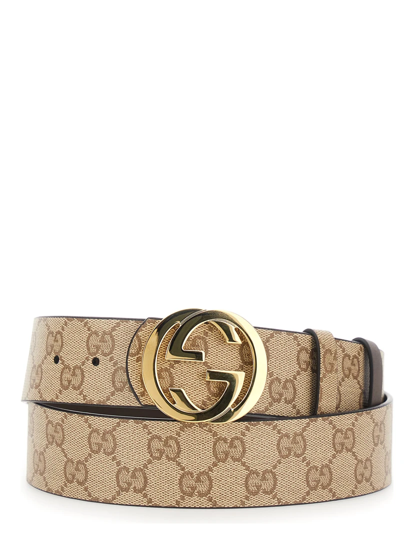 Beige Reversible Belt with GG Intreccio Buckle in GG Canvas and Leather for Men