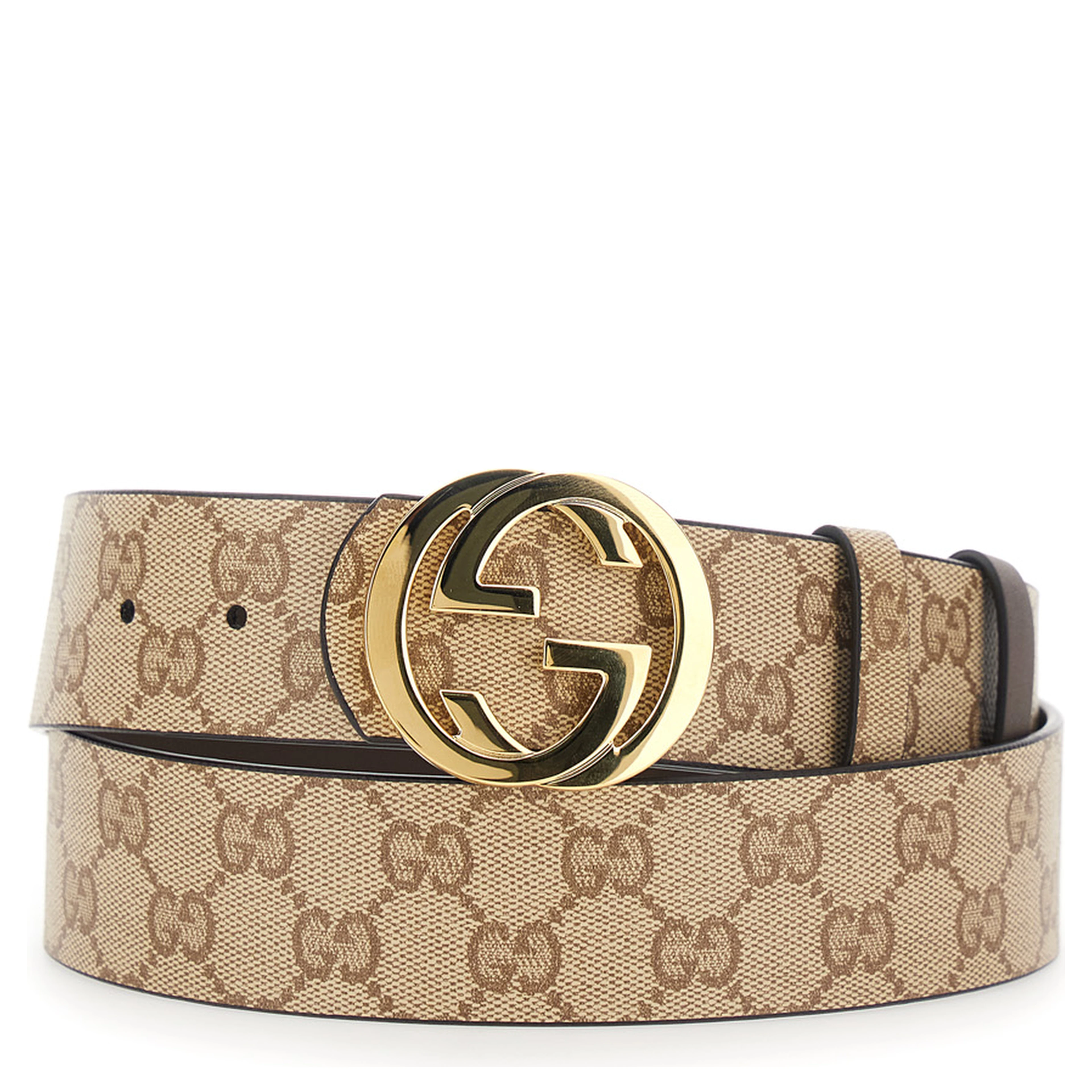 Beige Reversible Belt with GG Intreccio Buckle in GG Canvas and Leather for Men